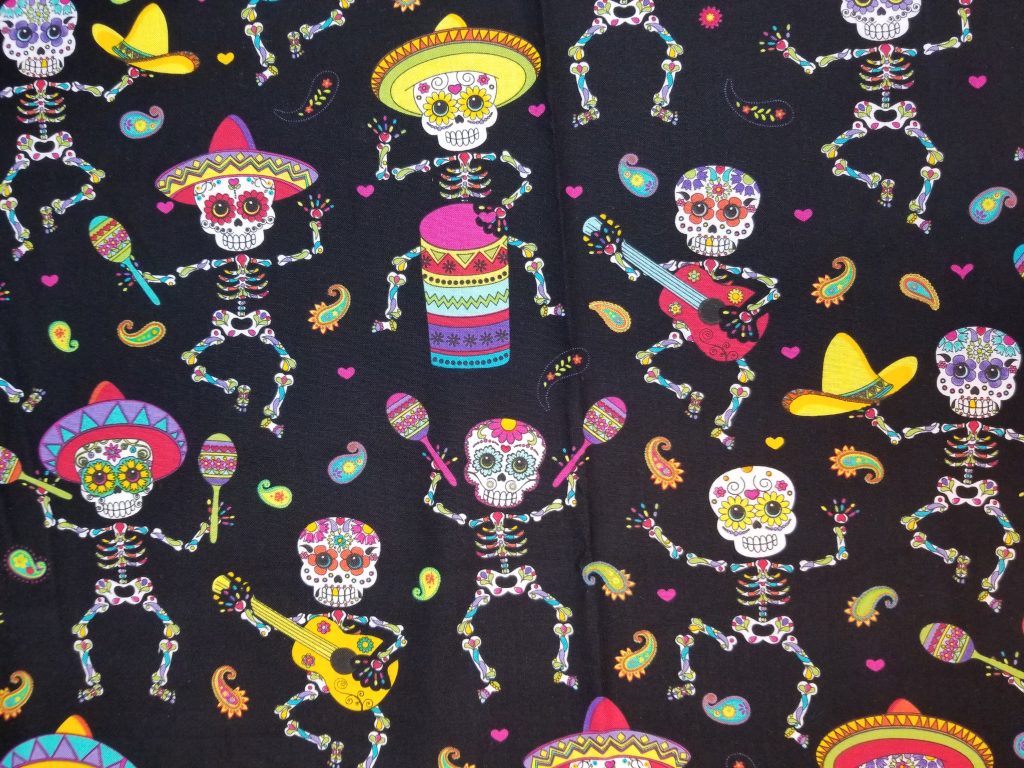 Dancing Skeletons Day of the Dead Sugar Skull Cotton Fabric By The Yard