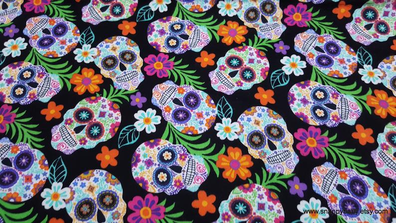 Floral Skeleton Sugar Skull Tossed Flannel Fabric By The Yard