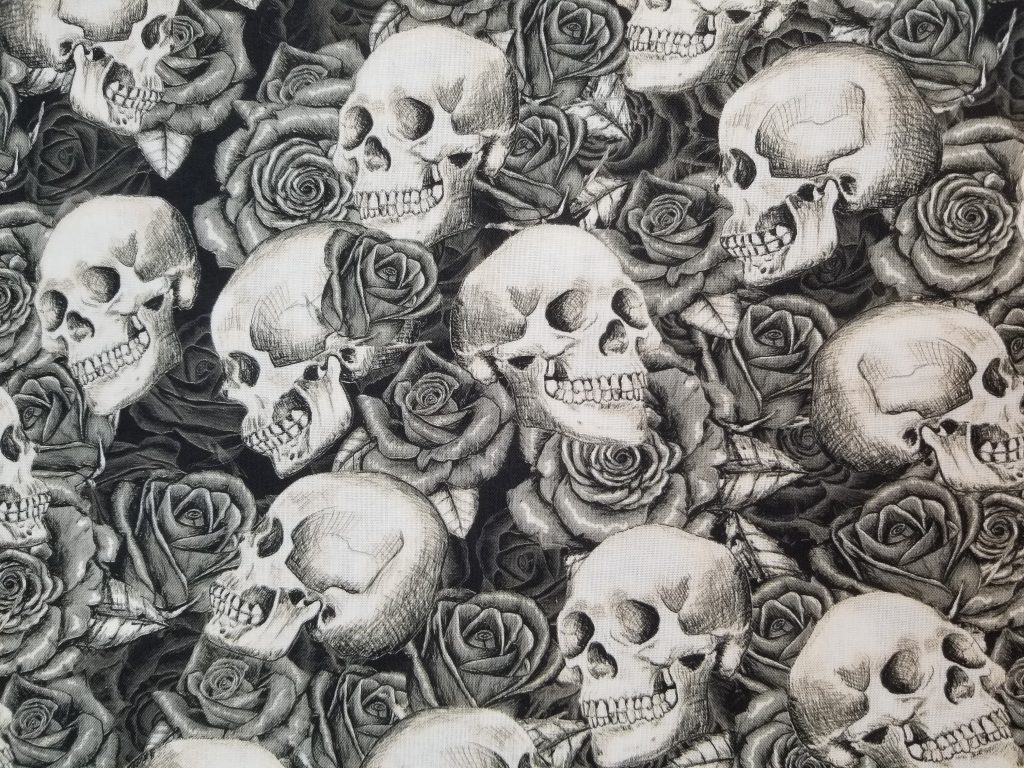 Gray Skulls and Roses Halloween Cotton Fabric By The Yard