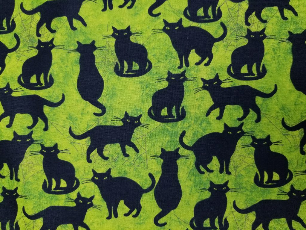 Halloween Black Cats On Green Ghost Party Cotton Fabric By The Yard