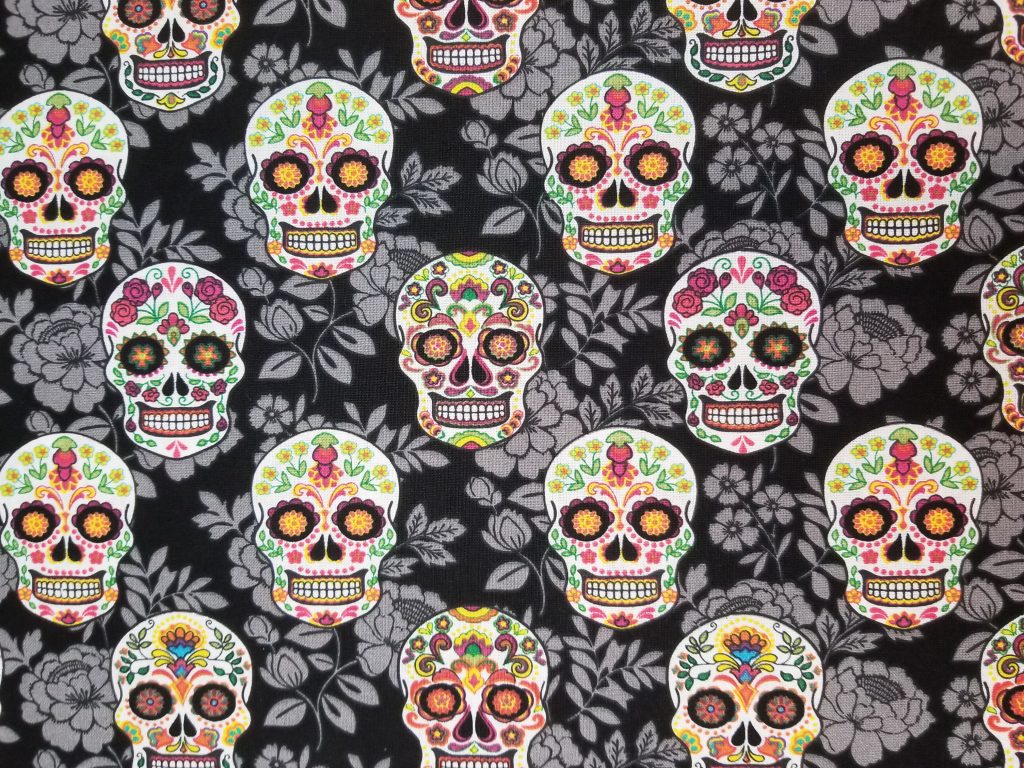 Halloween Day of the Dead Decorative Sugar Skulls on Black Floral Cotton Fabric By The Yard